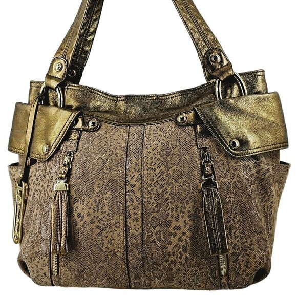 B MAKOWSKY  Metallic Gold Pebble Leather and Python Printed Leather Shoulder Bag - Picture 1 of 15